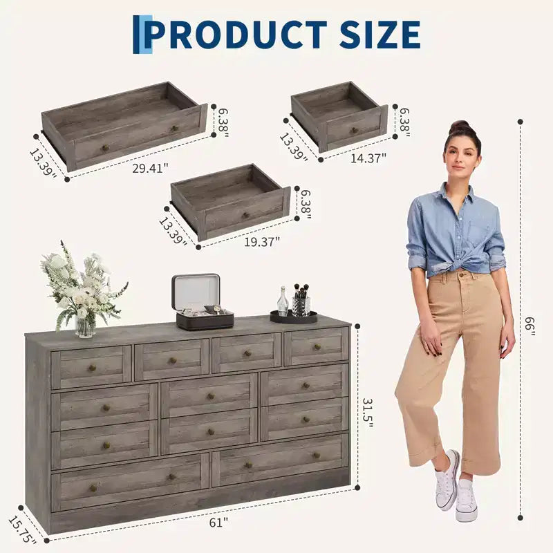 Commode 12 tiroirs pour chambre à coucher, commode en bois de 155 cm de large avec poignées métalliques, commode meuble TV pour téléviseurs jusqu'à 65 pouces, organisateur de rangement pour vêtements