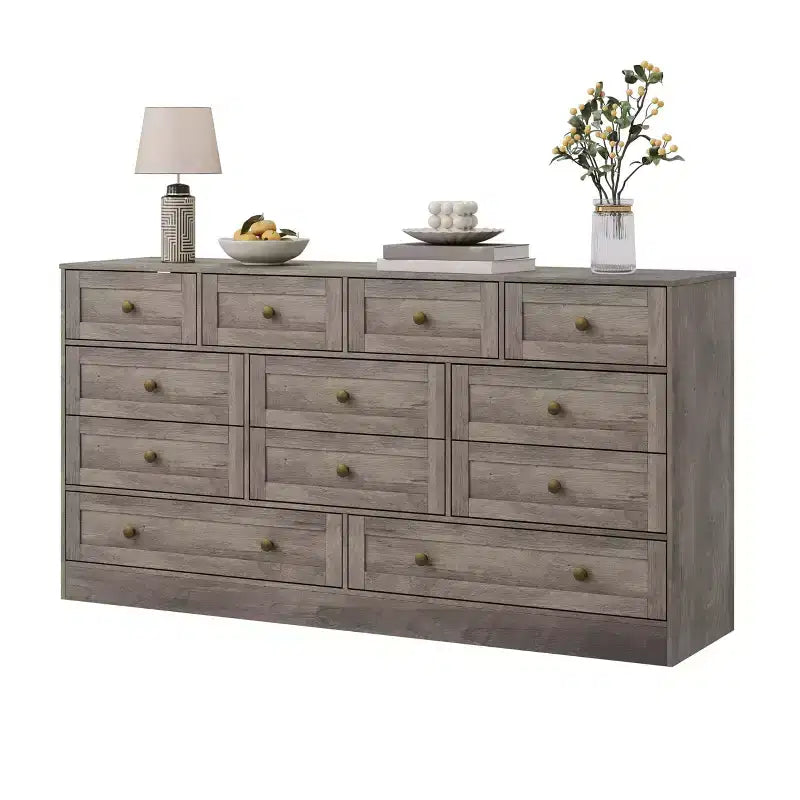Commode 12 tiroirs pour chambre à coucher, commode en bois de 155 cm de large avec poignées métalliques, commode meuble TV pour téléviseurs jusqu'à 65 pouces, organisateur de rangement pour vêtements