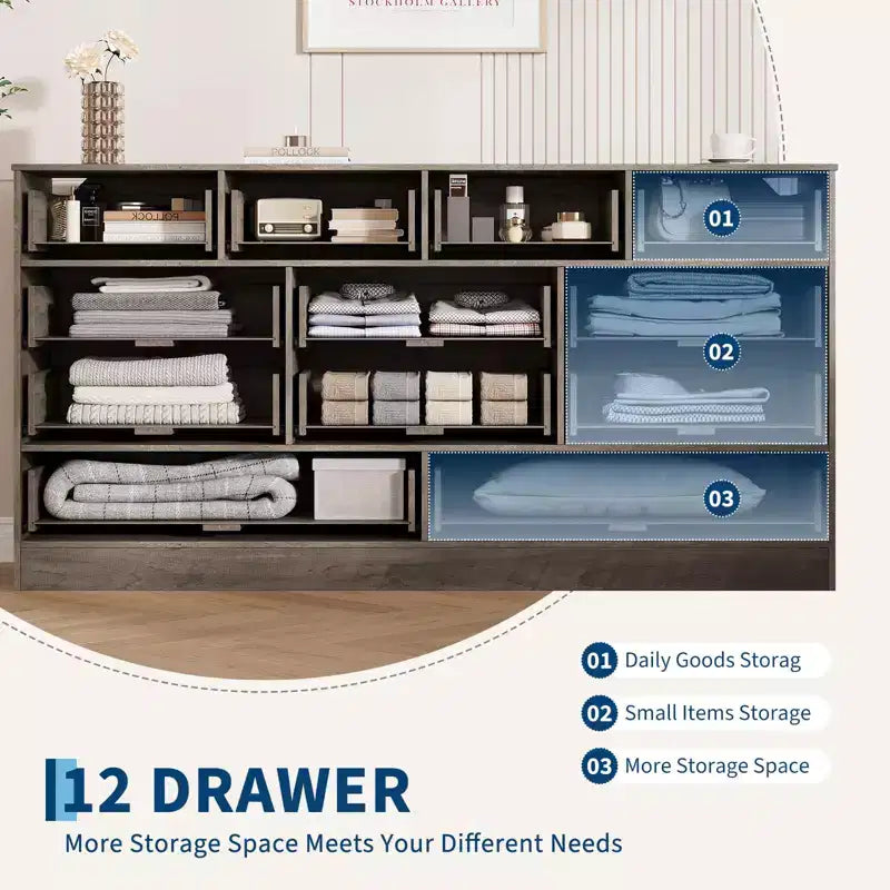 Commode 12 tiroirs pour chambre à coucher, commode en bois de 155 cm de large avec poignées métalliques, commode meuble TV pour téléviseurs jusqu'à 65 pouces, organisateur de rangement pour vêtements