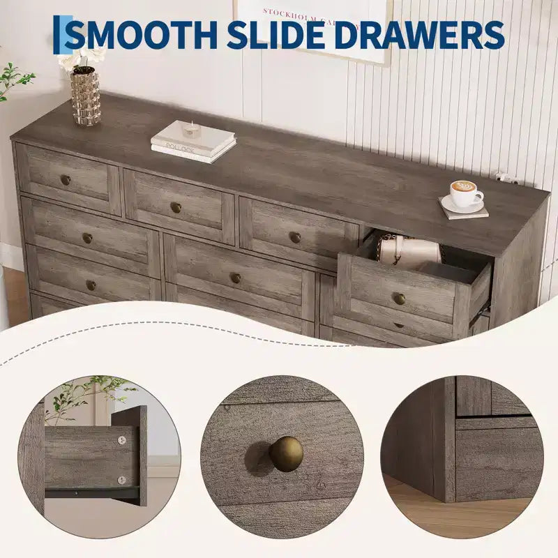 Commode 12 tiroirs pour chambre à coucher, commode en bois de 155 cm de large avec poignées métalliques, commode meuble TV pour téléviseurs jusqu'à 65 pouces, organisateur de rangement pour vêtements