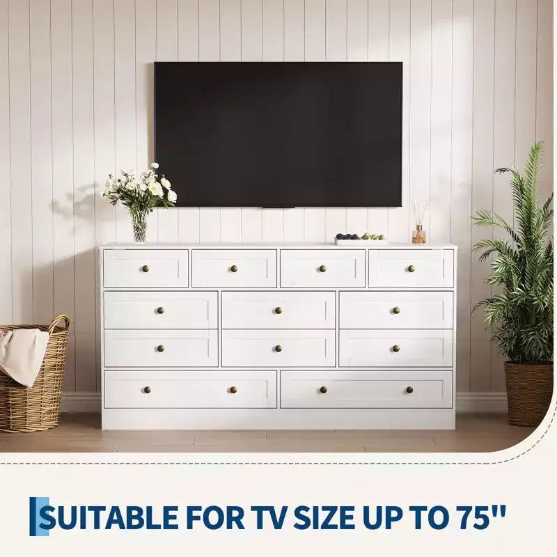 Commode 12 tiroirs pour chambre à coucher, commode en bois de 155 cm de large avec poignées métalliques, commode meuble TV pour téléviseurs jusqu'à 65 pouces, organisateur de rangement pour vêtements