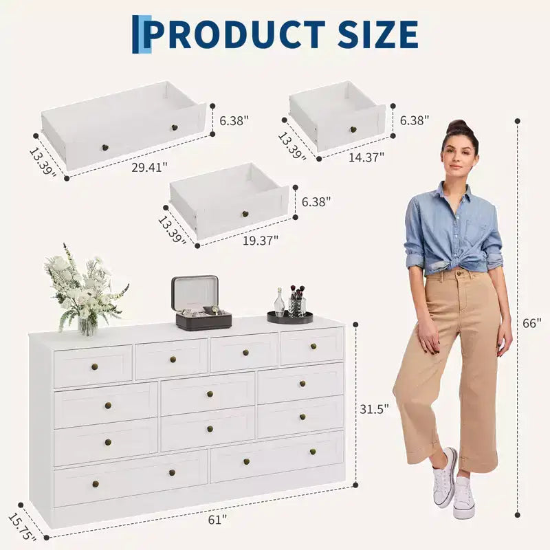 Commode 12 tiroirs pour chambre à coucher, commode en bois de 155 cm de large avec poignées métalliques, commode meuble TV pour téléviseurs jusqu'à 65 pouces, organisateur de rangement pour vêtements