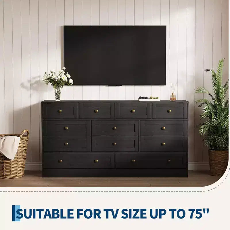 Commode 12 tiroirs pour chambre à coucher, commode en bois de 155 cm de large avec poignées métalliques, commode meuble TV pour téléviseurs jusqu'à 65 pouces, organisateur de rangement pour vêtements