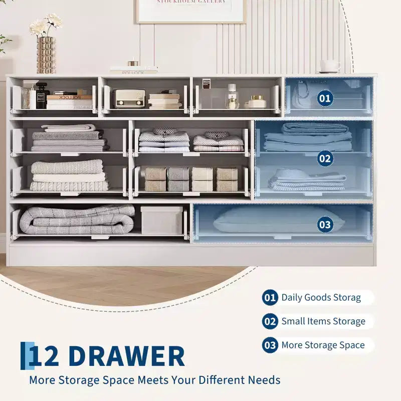 Commode 12 tiroirs pour chambre à coucher, commode en bois de 155 cm de large avec poignées métalliques, commode meuble TV pour téléviseurs jusqu'à 65 pouces, organisateur de rangement pour vêtements