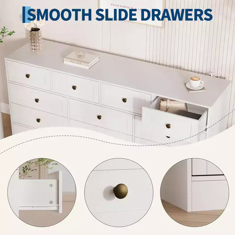 Commode 12 tiroirs pour chambre à coucher, commode en bois de 155 cm de large avec poignées métalliques, commode meuble TV pour téléviseurs jusqu'à 65 pouces, organisateur de rangement pour vêtements