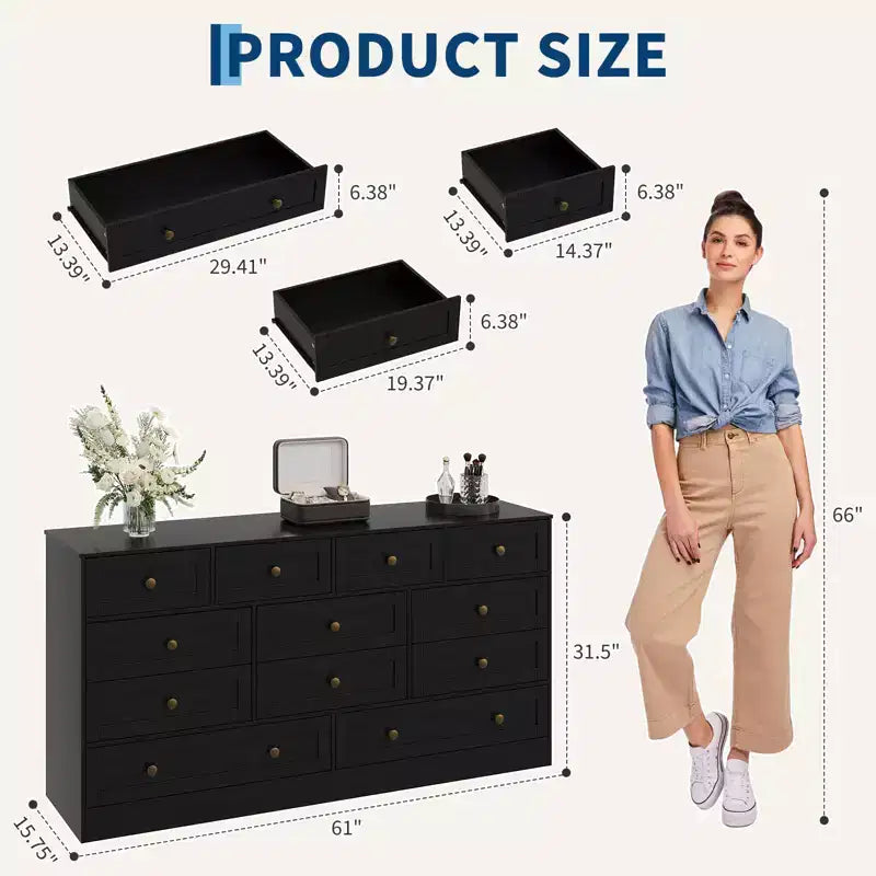 Commode 12 tiroirs pour chambre à coucher, commode en bois de 155 cm de large avec poignées métalliques, commode meuble TV pour téléviseurs jusqu'à 65 pouces, organisateur de rangement pour vêtements