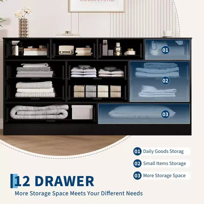Commode 12 tiroirs pour chambre à coucher, commode en bois de 155 cm de large avec poignées métalliques, commode meuble TV pour téléviseurs jusqu'à 65 pouces, organisateur de rangement pour vêtements