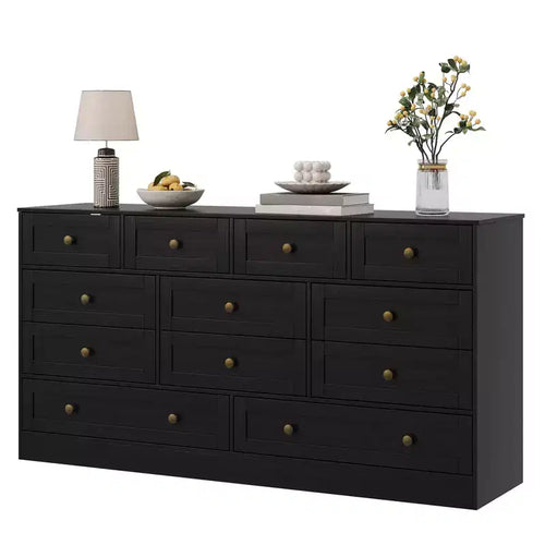 Commode 12 tiroirs pour chambre à coucher, commode en bois de 155 cm de large avec poignées métalliques, commode meuble TV pour téléviseurs jusqu'à 65 pouces, organisateur de rangement pour vêtements