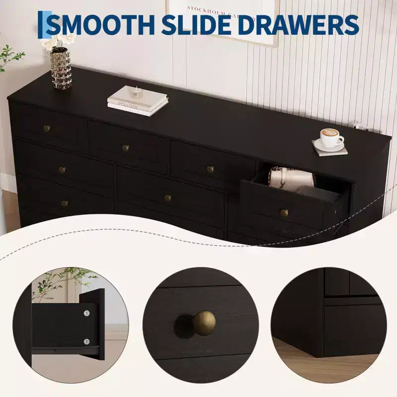 Commode 12 tiroirs pour chambre à coucher, commode en bois de 155 cm de large avec poignées métalliques, commode meuble TV pour téléviseurs jusqu'à 65 pouces, organisateur de rangement pour vêtements