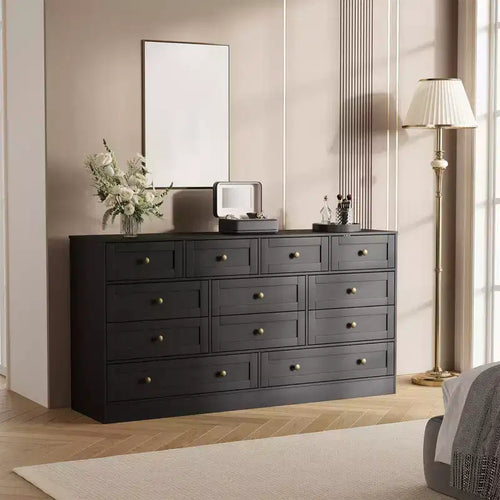 12 Drawer Dresser for Bedroom, 61W Wood Chest of Drawers with Metal Handles, TV Stand Dresser for TVs UP to 65, Clothes Storage Organizer