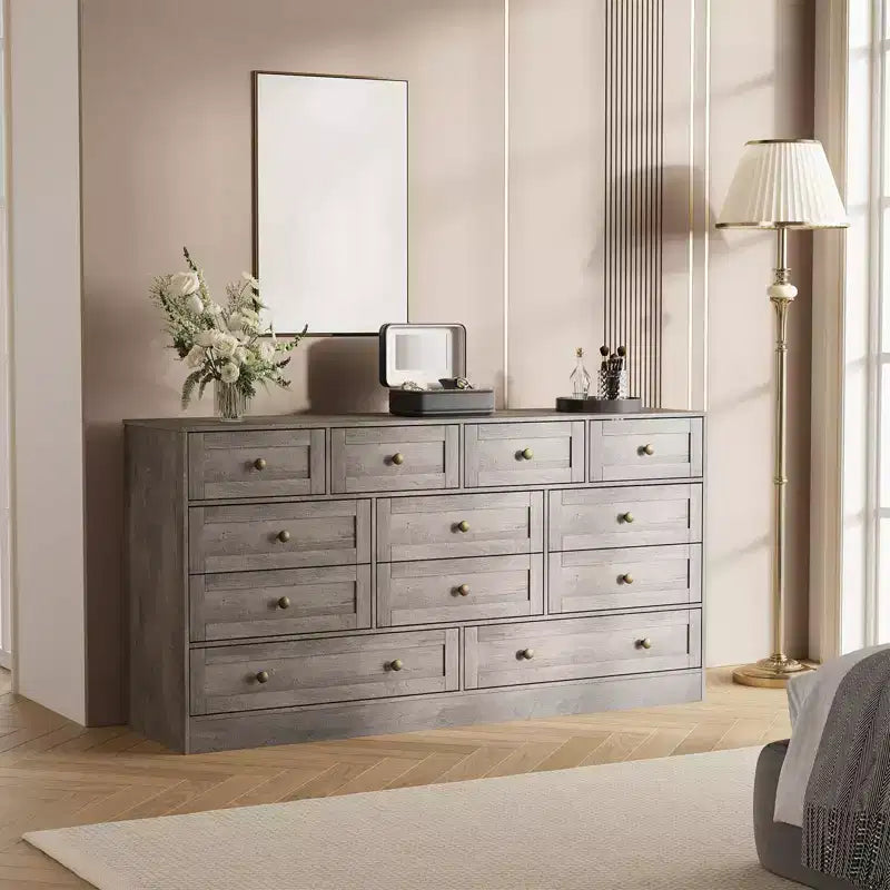 Commode 12 tiroirs pour chambre à coucher, commode en bois de 155 cm de large avec poignées métalliques, commode meuble TV pour téléviseurs jusqu'à 65 pouces, organisateur de rangement pour vêtements