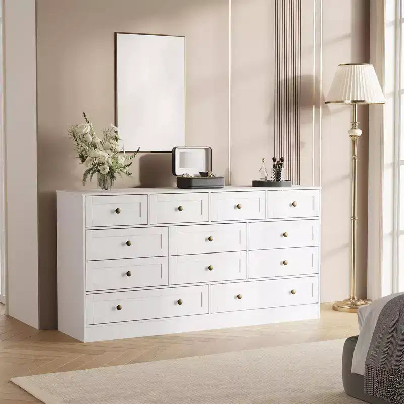 Commode 12 tiroirs pour chambre à coucher, commode en bois de 155 cm de large avec poignées métalliques, commode meuble TV pour téléviseurs jusqu'à 65 pouces, organisateur de rangement pour vêtements