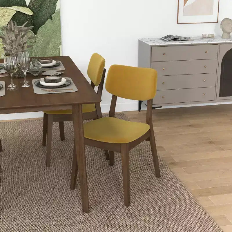 Chaises de salle à manger en velours jaune foncé Pieds en bois massif, assise et dossier rembourrés, chaises d'appoint sans accoudoirs pour cuisine, salle à manger ou salon