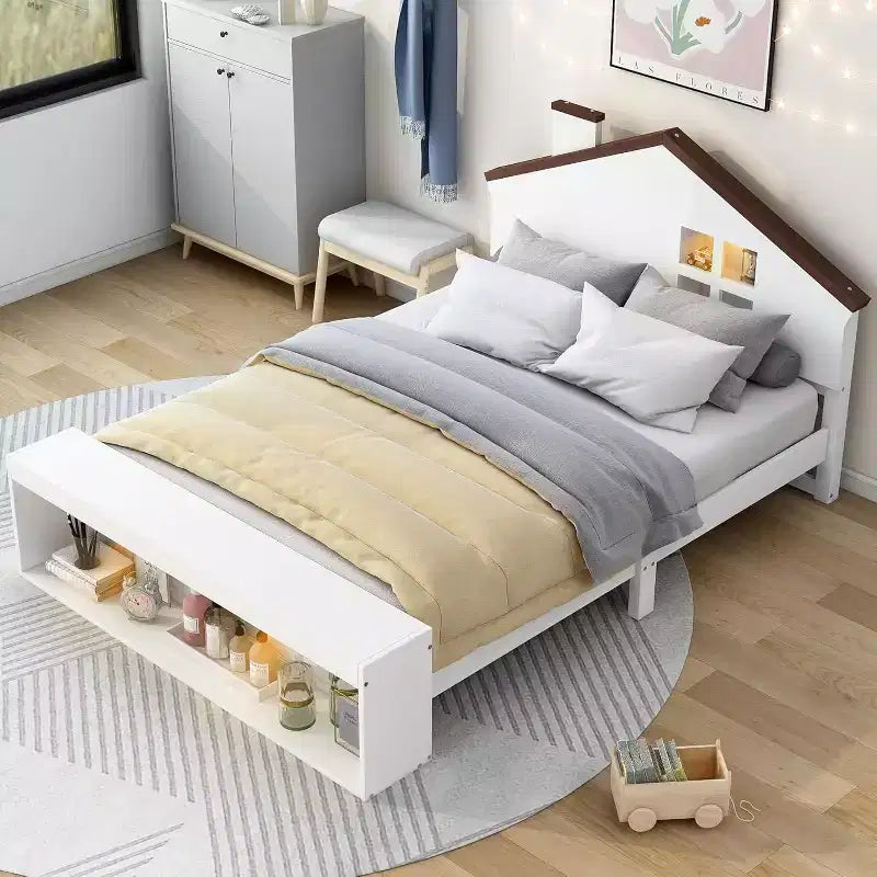 Lit Double avec Tiroirs de Rangement et Lumière LED, Lit Plateforme en Bois, Blanc Moderne, pour Chambre d'Enfants et d'Adolescents