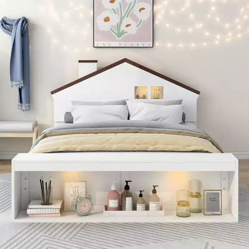 Lit Double avec Tiroirs de Rangement et Lumière LED, Lit Plateforme en Bois, Blanc Moderne, pour Chambre d'Enfants et d'Adolescents