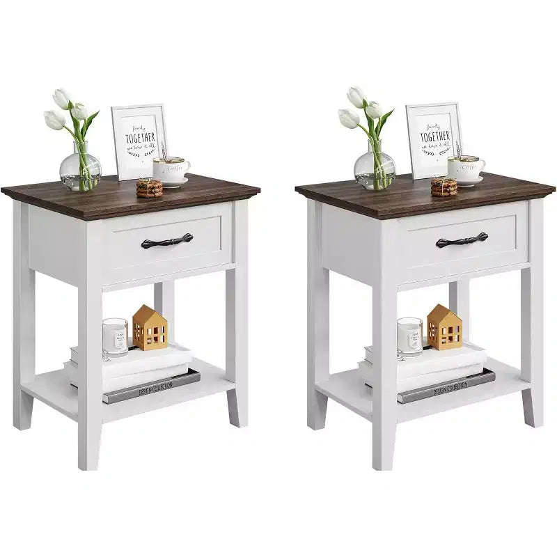 2 Pcs Side Table Living Room, Farmhouse Nightstand with Storage Drawer & Shelf, Wooden End Table Bedside Cabinet for Bedroom, Entryway, White