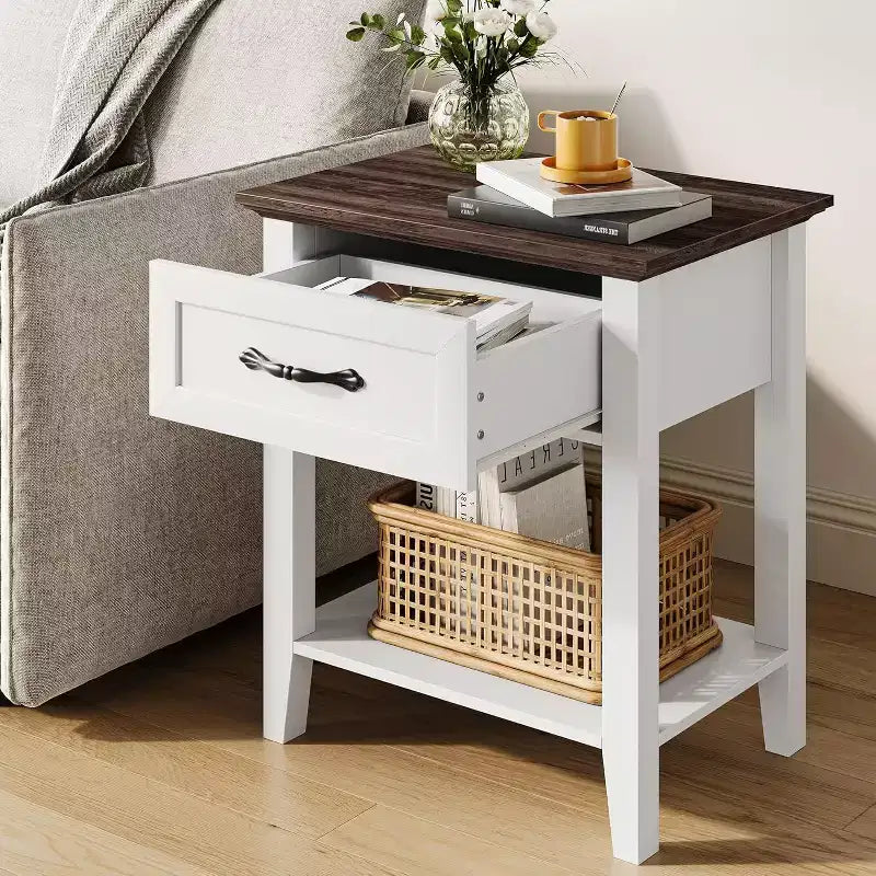 Table d'appoint de salon, table de chevet de style ferme avec tiroir de rangement et étagère