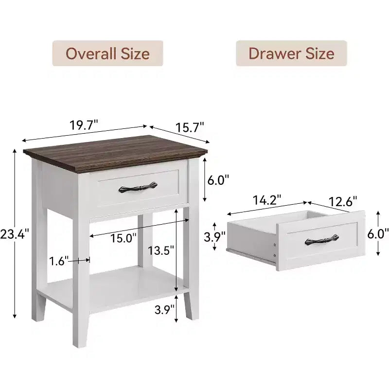 Table d'appoint de salon, table de chevet de style ferme avec tiroir de rangement et étagère