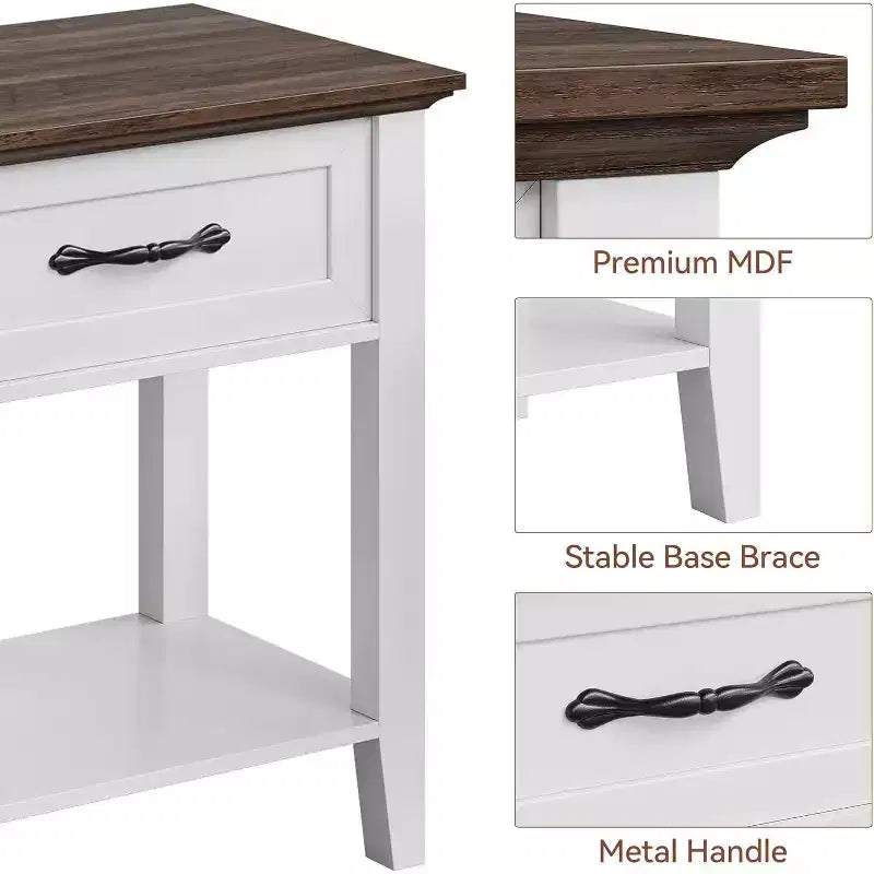 Table d'appoint de salon, table de chevet de style ferme avec tiroir de rangement et étagère
