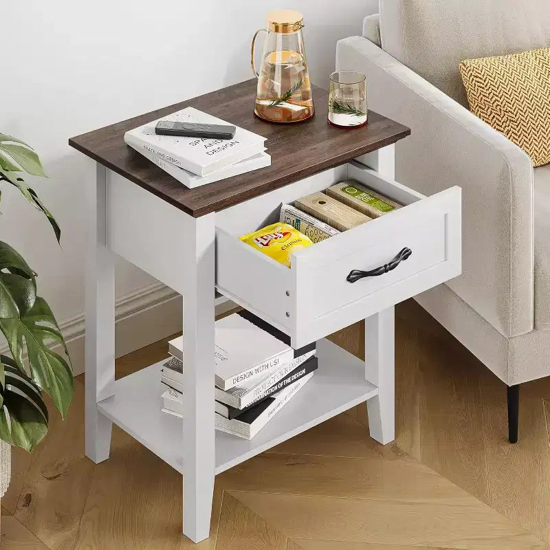 Table d'appoint de salon, table de chevet de style ferme avec tiroir de rangement et étagère