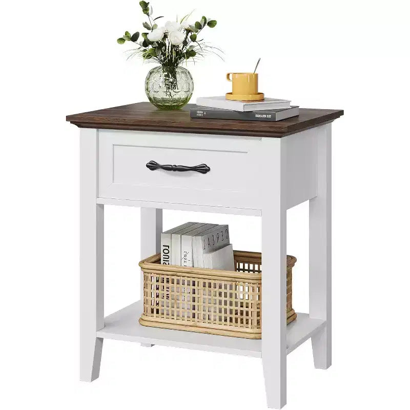 Table d'appoint de salon, table de chevet de style ferme avec tiroir de rangement et étagère