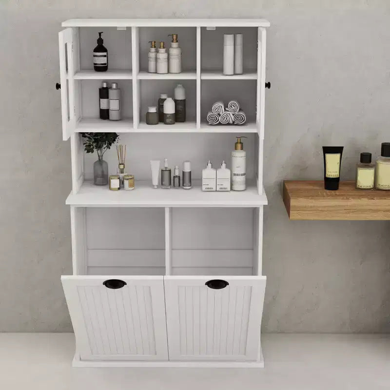 Meuble haut de rangement avec panier à linge sale inclinable, meuble de rangement avec 2 étagères réglables et portes pour salon