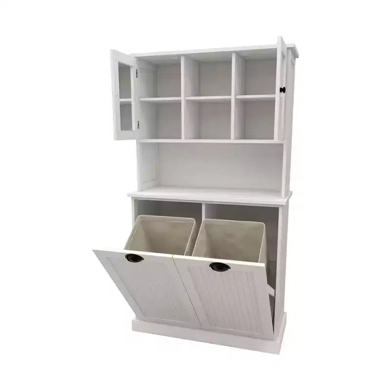 Meuble haut de rangement avec panier à linge sale inclinable, meuble de rangement avec 2 étagères réglables et portes pour salon