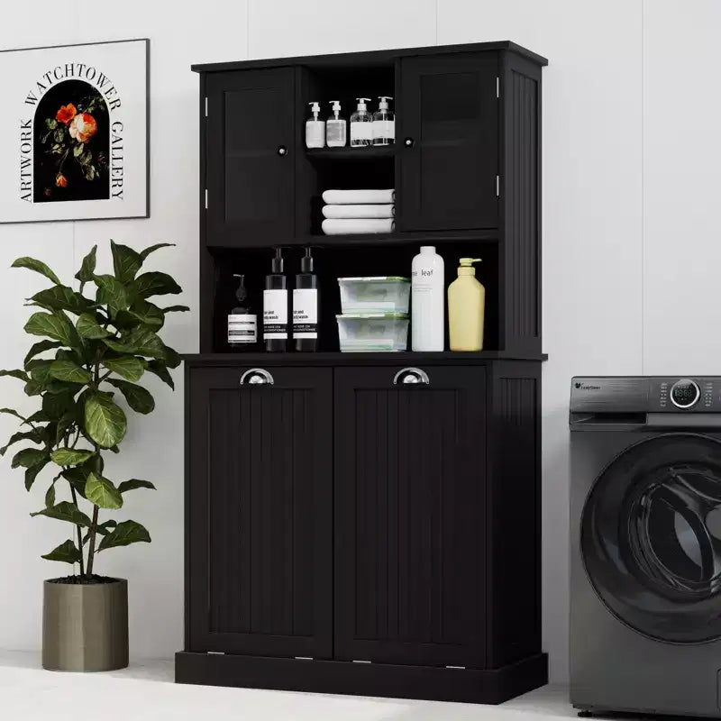 Meuble haut de rangement avec panier à linge sale inclinable, meuble de rangement avec 2 étagères réglables et portes pour salon