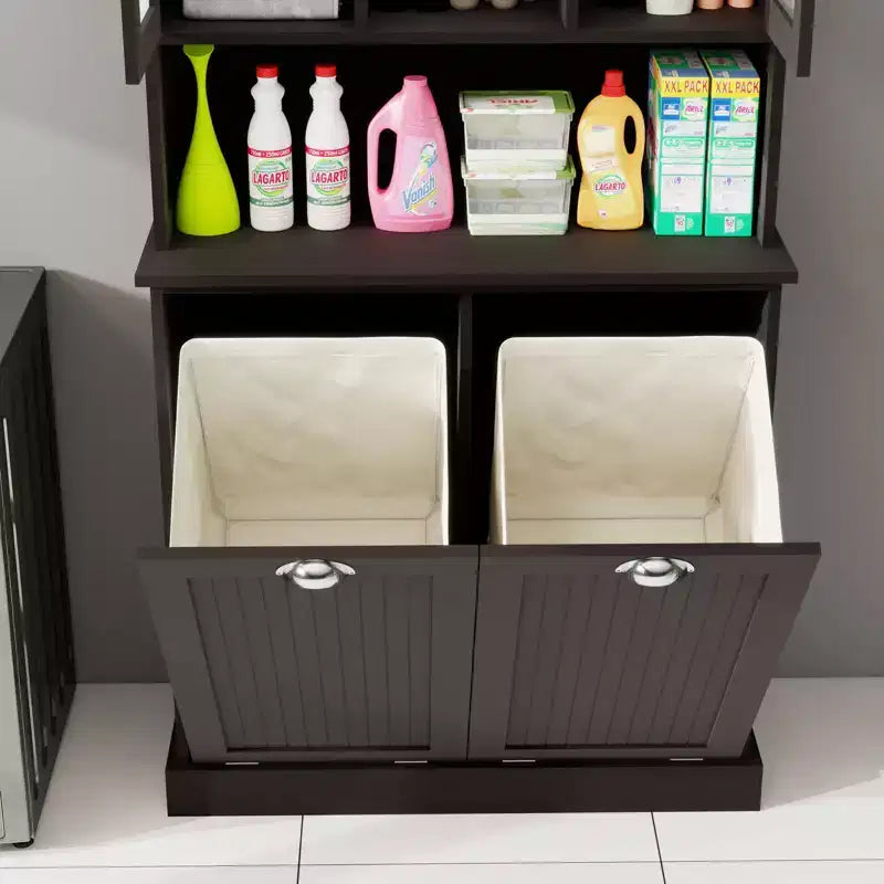 Meuble haut de rangement avec panier à linge sale inclinable, meuble de rangement avec 2 étagères réglables et portes pour salon
