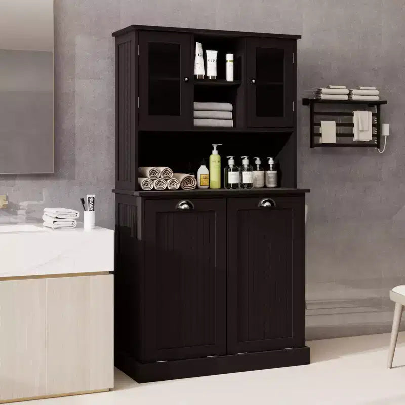 Meuble haut de rangement avec panier à linge sale inclinable, meuble de rangement avec 2 étagères réglables et portes pour salon