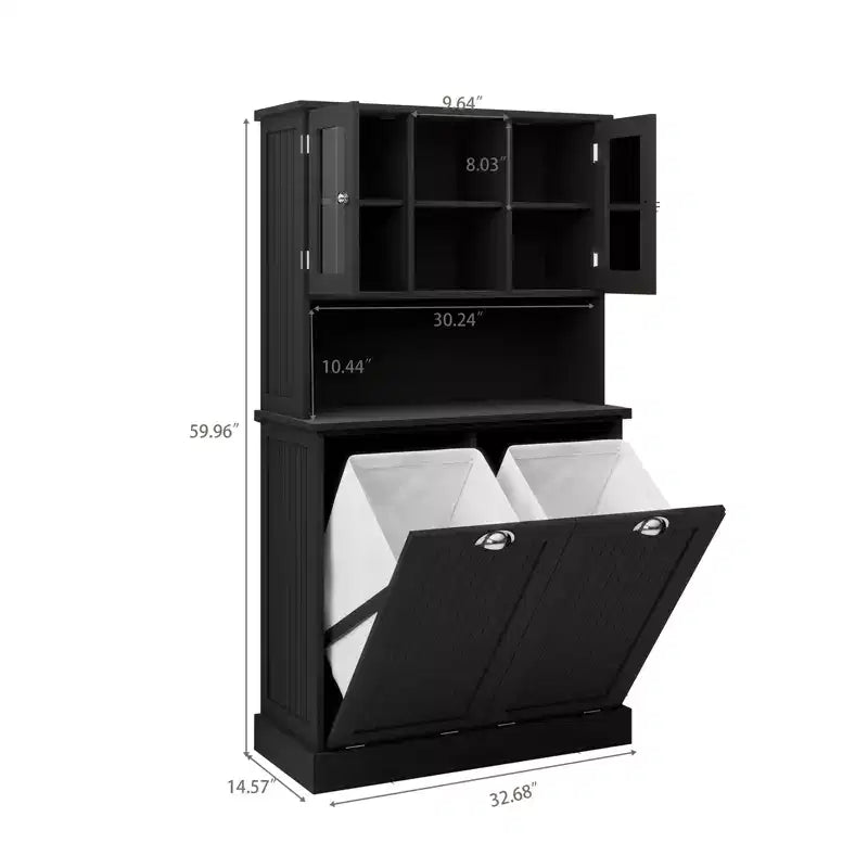Meuble haut de rangement avec panier à linge sale inclinable, meuble de rangement avec 2 étagères réglables et portes pour salon
