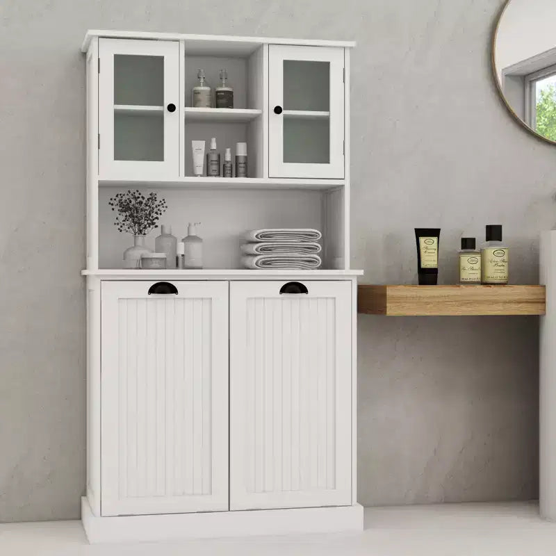 Meuble haut de rangement avec panier à linge sale inclinable, meuble de rangement avec 2 étagères réglables et portes pour salon