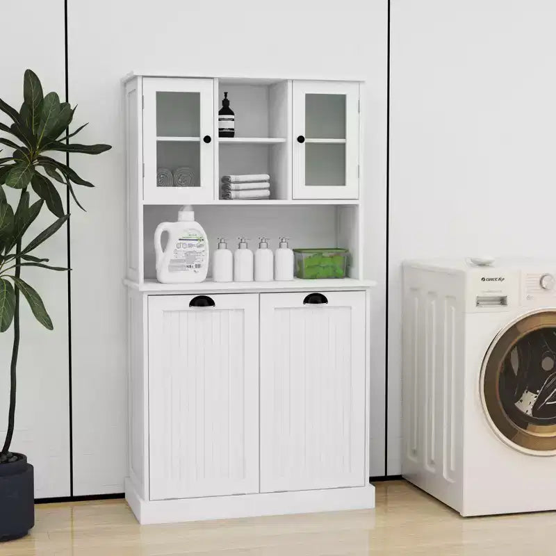Meuble haut de rangement avec panier à linge sale inclinable, meuble de rangement avec 2 étagères réglables et portes pour salon