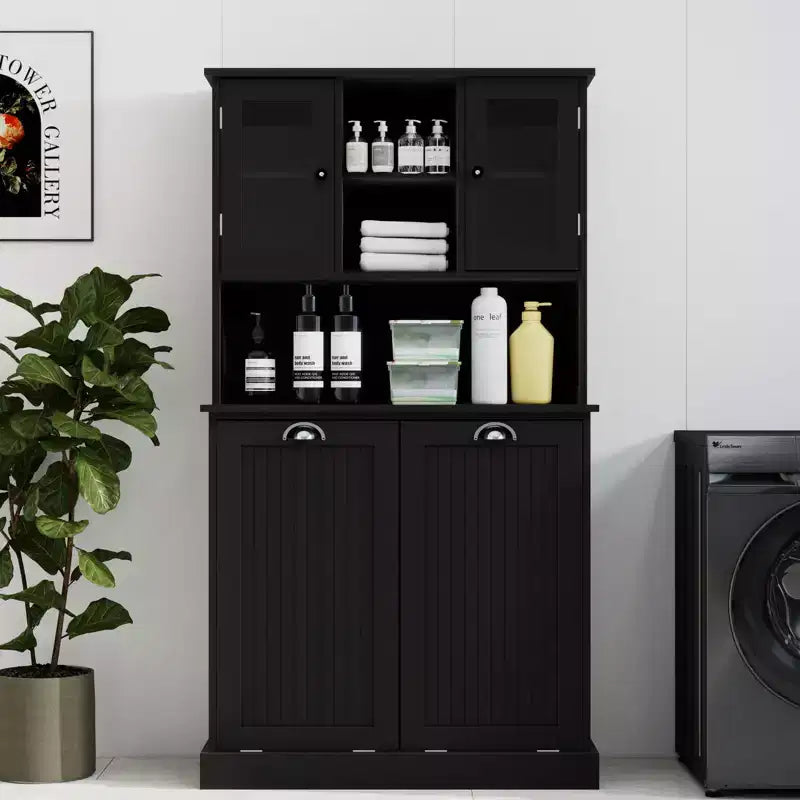 Meuble haut de rangement avec panier à linge sale inclinable, meuble de rangement avec 2 étagères réglables et portes pour salon