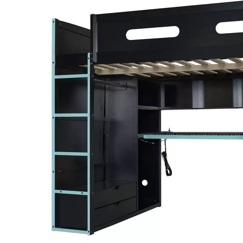 Lit mezzanine de jeu en bois pleine taille avec bureau et armoire, port USB et lumière LED pour chambre d'enfants, d'adolescents et d'adultes