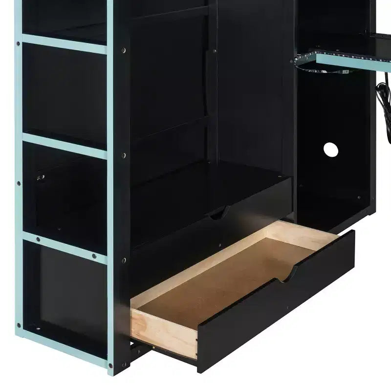 Lit mezzanine de jeu en bois pleine taille avec bureau et armoire, port USB et lumière LED pour chambre d'enfants, d'adolescents et d'adultes