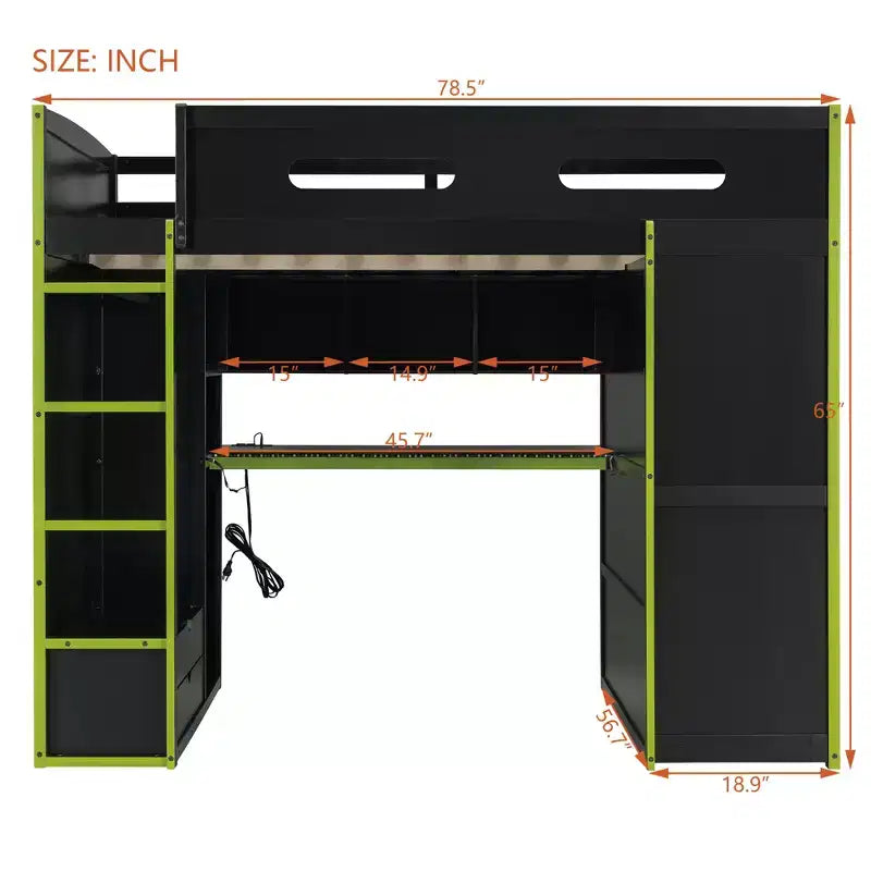 Lit mezzanine de jeu en bois pleine taille avec bureau et armoire, port USB et lumière LED pour chambre d'enfants, d'adolescents et d'adultes