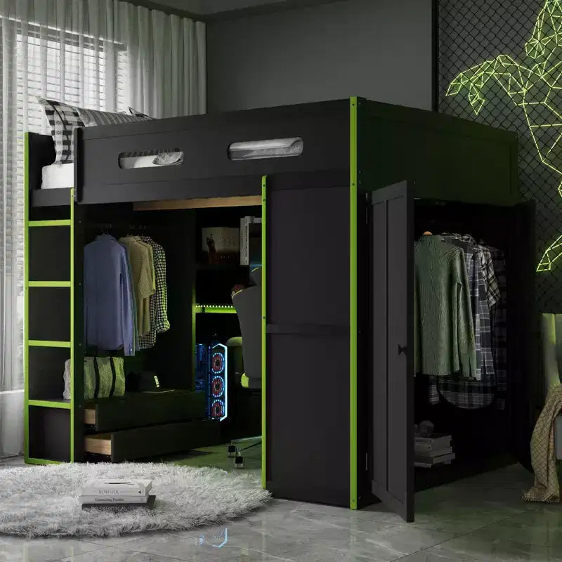 Lit mezzanine de jeu en bois pleine taille avec bureau et armoire, port USB et lumière LED pour chambre d'enfants, d'adolescents et d'adultes