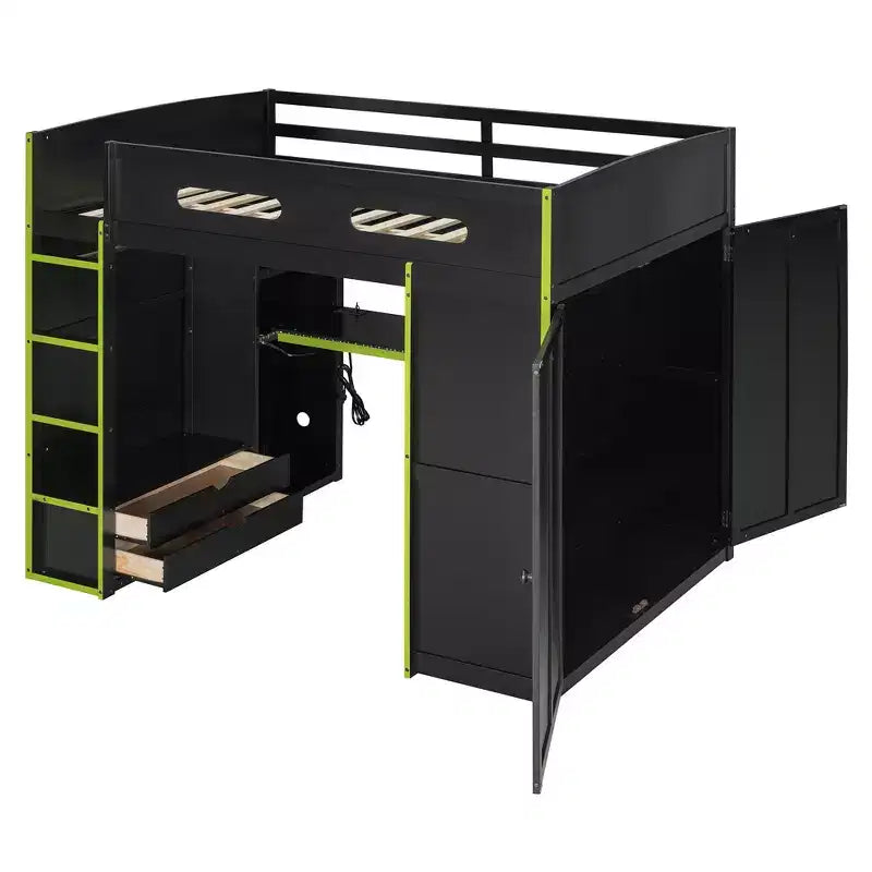Lit mezzanine de jeu en bois pleine taille avec bureau et armoire, port USB et lumière LED pour chambre d'enfants, d'adolescents et d'adultes
