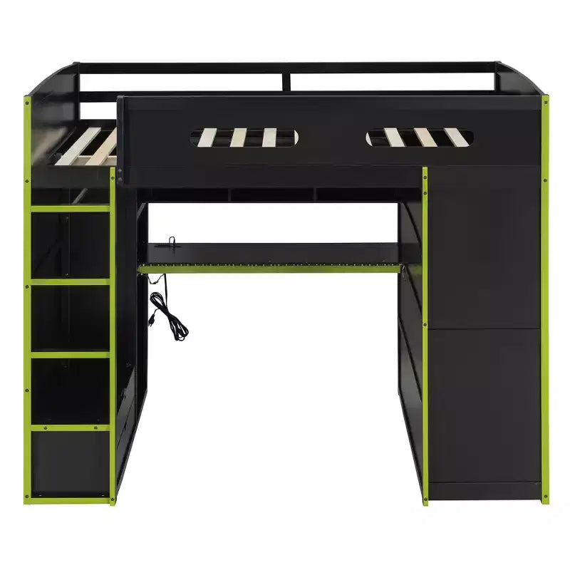 Lit mezzanine de jeu en bois pleine taille avec bureau et armoire, port USB et lumière LED pour chambre d'enfants, d'adolescents et d'adultes