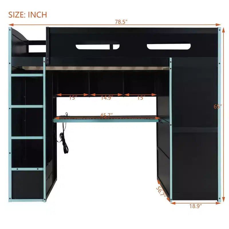 Lit mezzanine de jeu en bois pleine taille avec bureau et armoire, port USB et lumière LED pour chambre d'enfants, d'adolescents et d'adultes