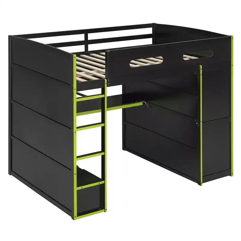 Lit mezzanine de jeu en bois pleine taille avec bureau et armoire, port USB et lumière LED pour chambre d'enfants, d'adolescents et d'adultes