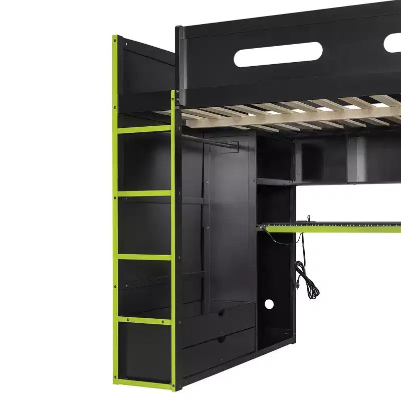 Lit mezzanine de jeu en bois pleine taille avec bureau et armoire, port USB et lumière LED pour chambre d'enfants, d'adolescents et d'adultes