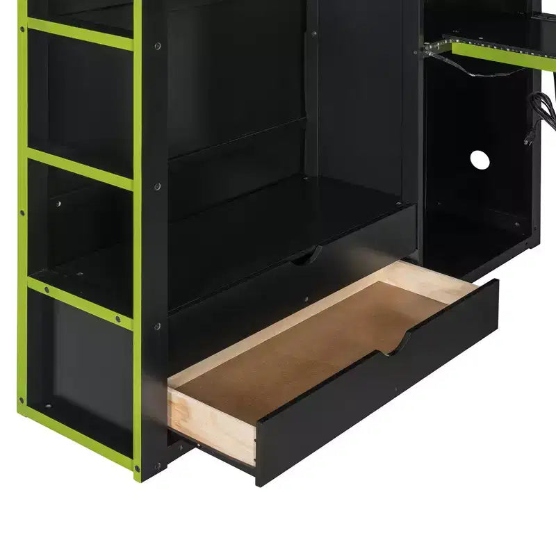 Lit mezzanine de jeu en bois pleine taille avec bureau et armoire, port USB et lumière LED pour chambre d'enfants, d'adolescents et d'adultes