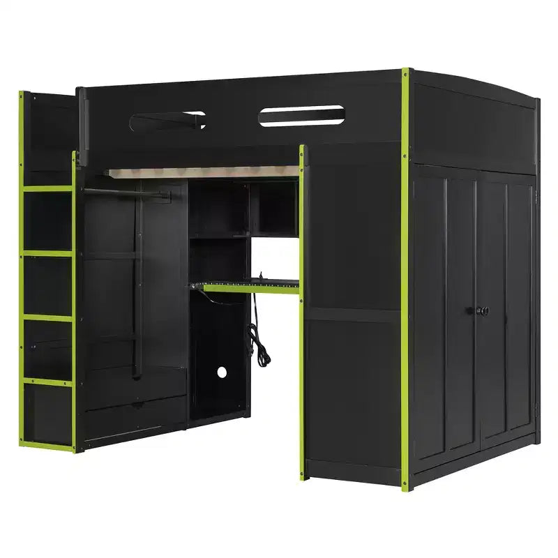 Lit mezzanine de jeu en bois pleine taille avec bureau et armoire, port USB et lumière LED pour chambre d'enfants, d'adolescents et d'adultes