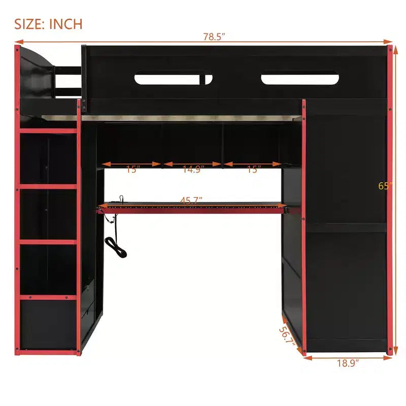 Lit mezzanine de jeu en bois pleine taille avec bureau et armoire, port USB et lumière LED pour chambre d'enfants, d'adolescents et d'adultes