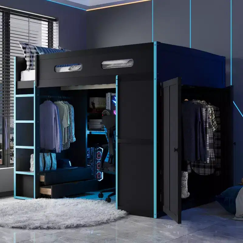 Lit mezzanine de jeu en bois pleine taille avec bureau et armoire, port USB et lumière LED pour chambre d'enfants, d'adolescents et d'adultes