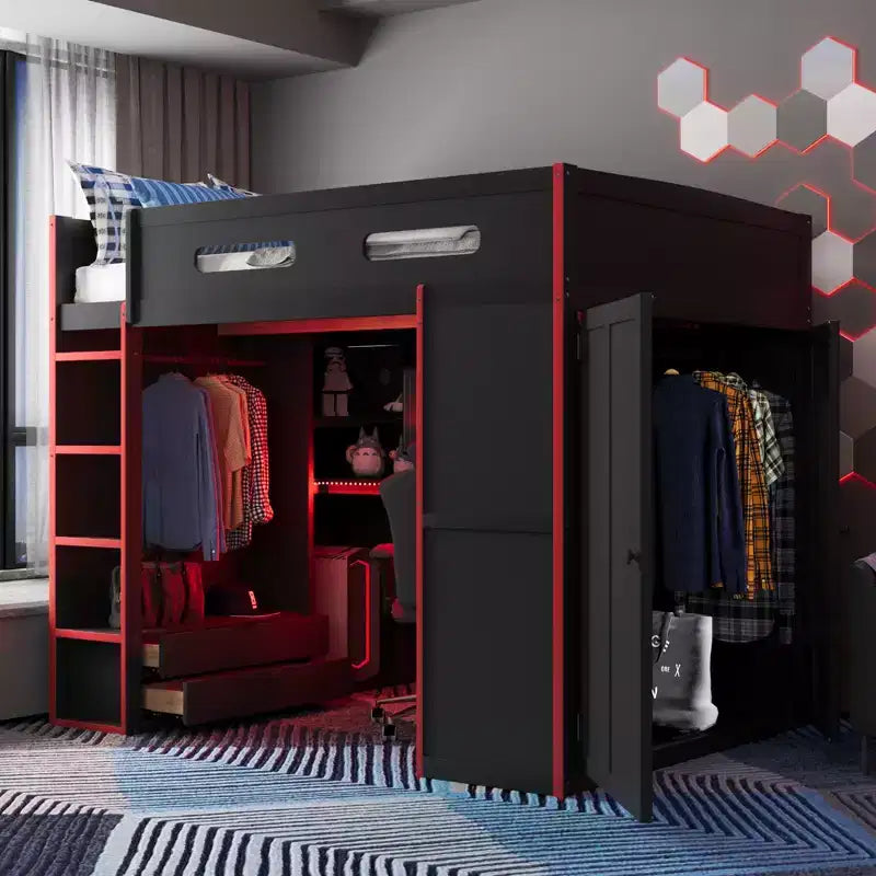 Lit mezzanine de jeu en bois pleine taille avec bureau et armoire, port USB et lumière LED pour chambre d'enfants, d'adolescents et d'adultes