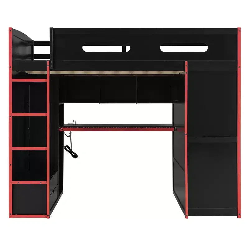 Lit mezzanine de jeu en bois pleine taille avec bureau et armoire, port USB et lumière LED pour chambre d'enfants, d'adolescents et d'adultes