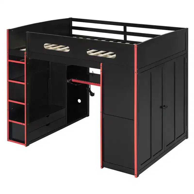 Lit mezzanine de jeu en bois pleine taille avec bureau et armoire, port USB et lumière LED pour chambre d'enfants, d'adolescents et d'adultes